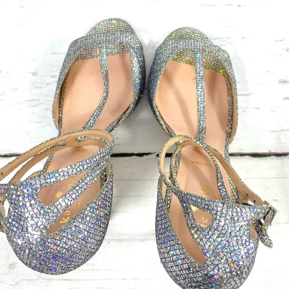 Kate Spade New York Shoes Women’s 10M Silver Pumps T-Strap Glitter Ankle‎ Strap